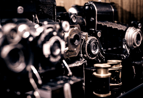 Vintage cameras on display